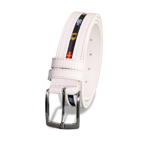 Leather Belt with Embroidered Flag Detail | White