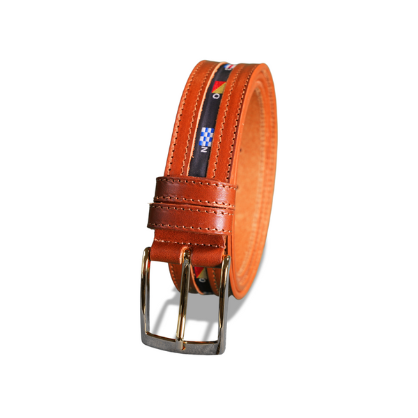 Leather Belt with Embroidered Flag Detail | Cognac