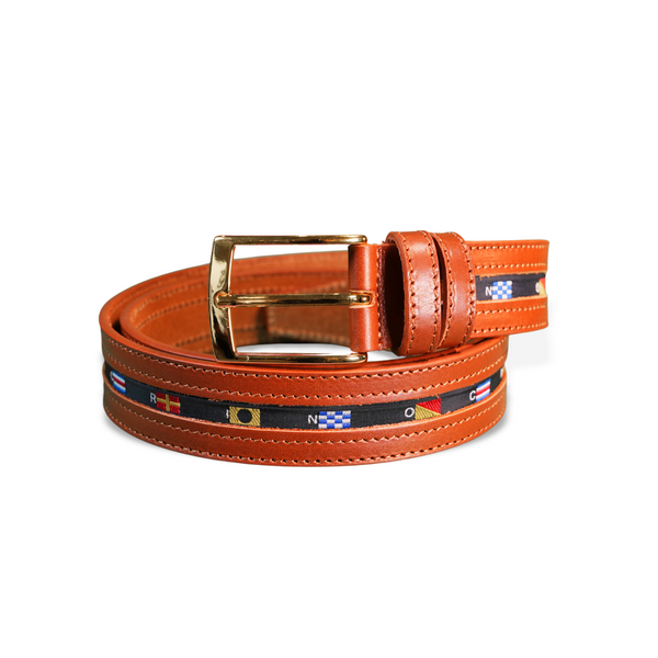 Leather Belt with Embroidered Flag Detail | Cognac