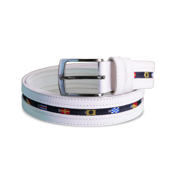 Leather Belt with Embroidered Flag Detail | White