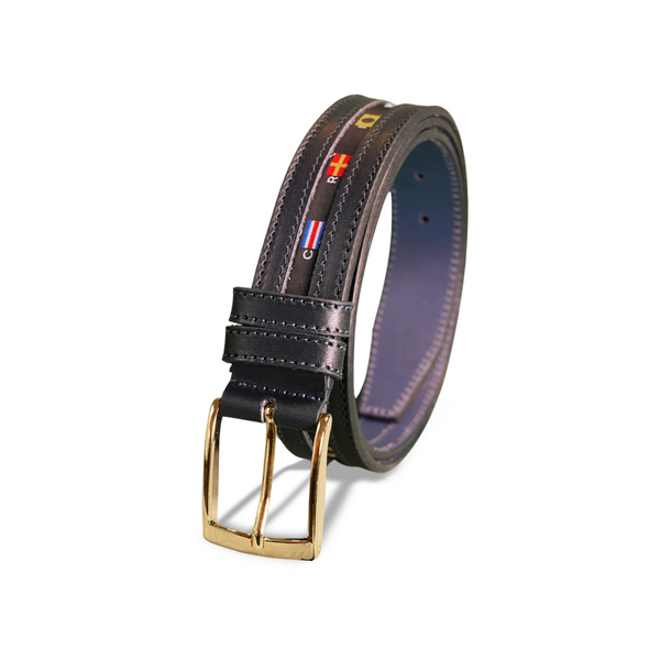 Leather Belt with Embroidered Flag Detail | Navy