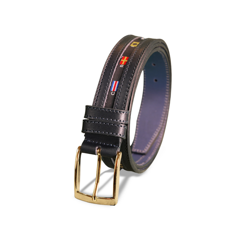 Leather Belt with Embroidered Flag Detail | Navy