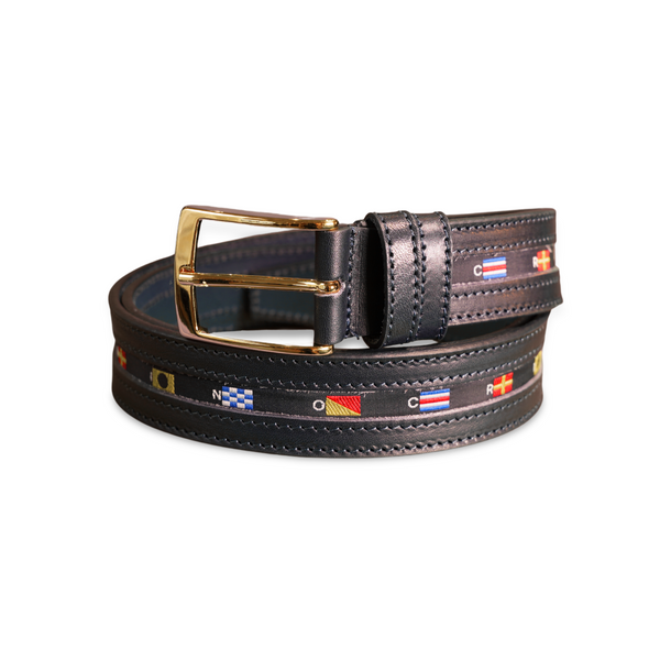 Leather Belt with Embroidered Flag Detail | Navy