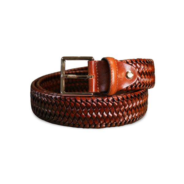 Woven Leather Belt | Cognac & Gold