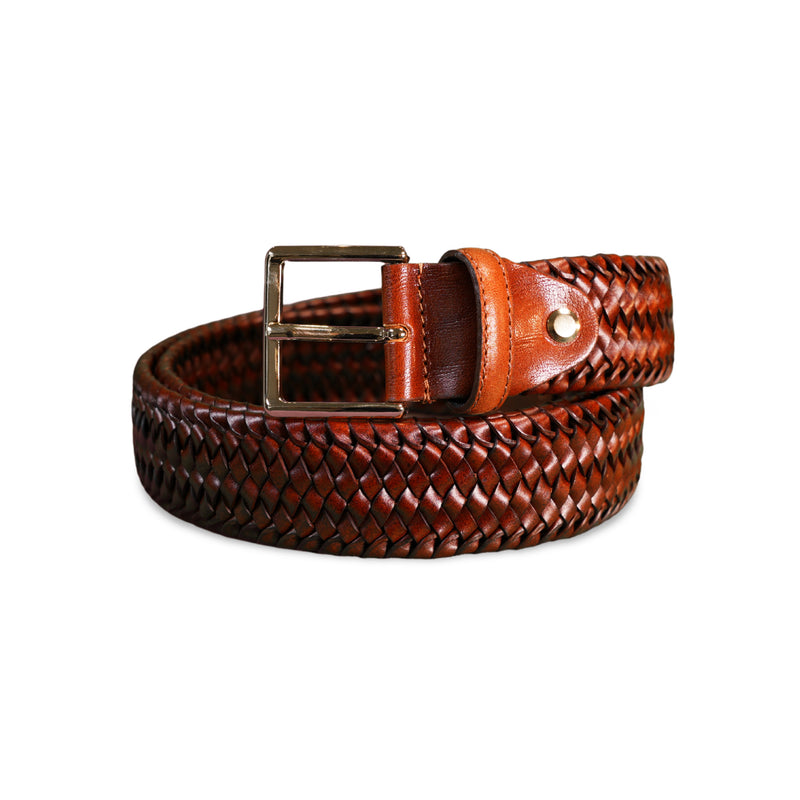 Woven Leather Belt | Cognac & Gold